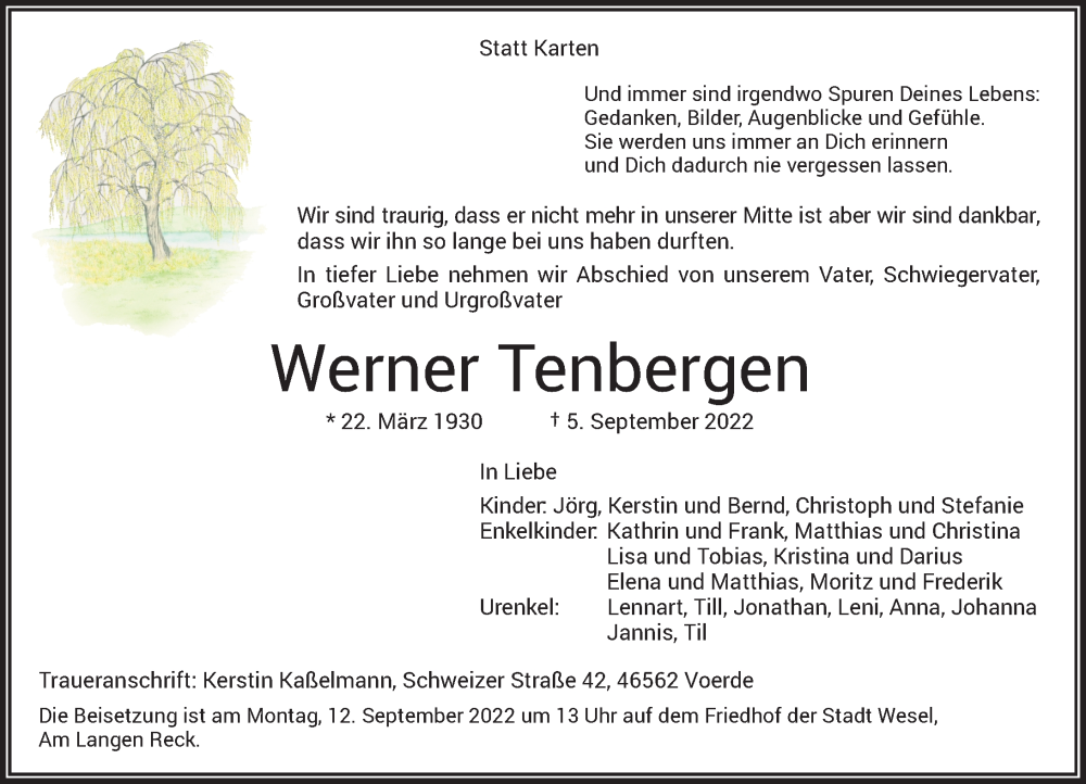  Traueranzeige für Werner Tenbergen vom 08.09.2022 aus Rheinische Post