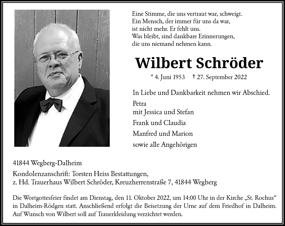  Traueranzeige für Wilbert Schröder vom 01.10.2022 aus Rheinische Post
