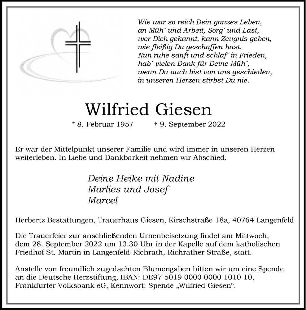  Traueranzeige für Wilfried Giesen vom 17.09.2022 aus Rheinische Post