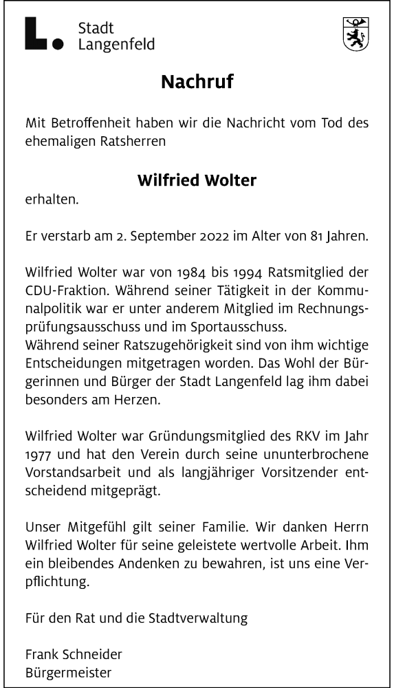  Traueranzeige für Wilfried Wolter vom 24.09.2022 aus Rheinische Post