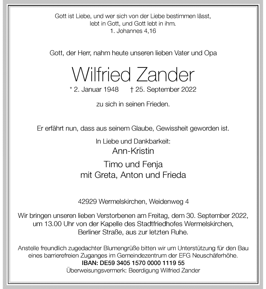  Traueranzeige für Wilfried Zander vom 28.09.2022 aus Rheinische Post