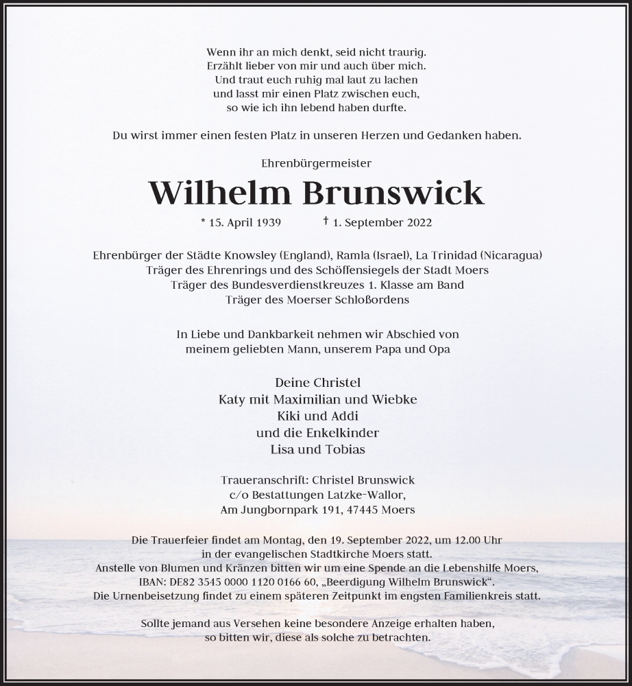  Traueranzeige für Wilhelm Brunswick vom 10.09.2022 aus Rheinische Post