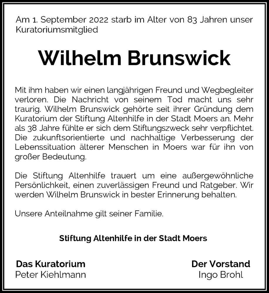  Traueranzeige für Wilhelm Brunswick vom 07.09.2022 aus Rheinische Post