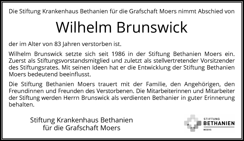  Traueranzeige für Wilhelm Brunswick vom 14.09.2022 aus Rheinische Post