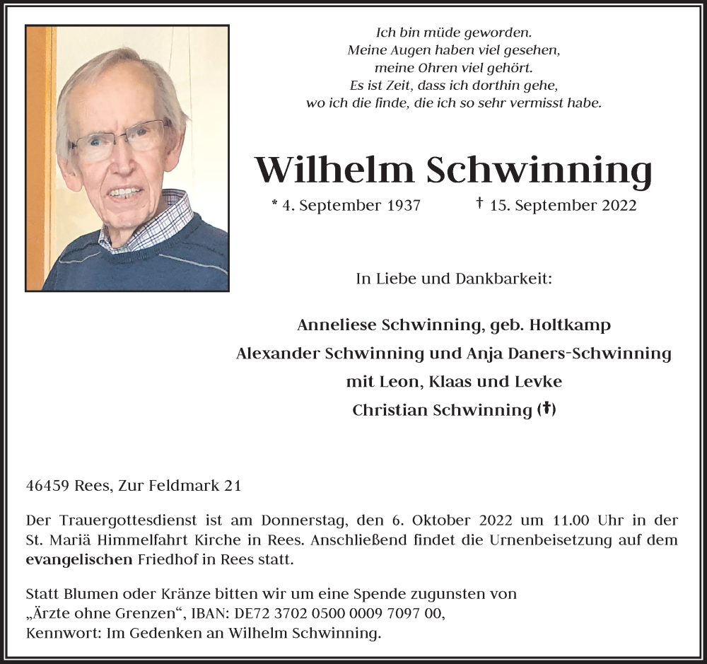  Traueranzeige für Wilhelm Schwinning vom 24.09.2022 aus Rheinische Post