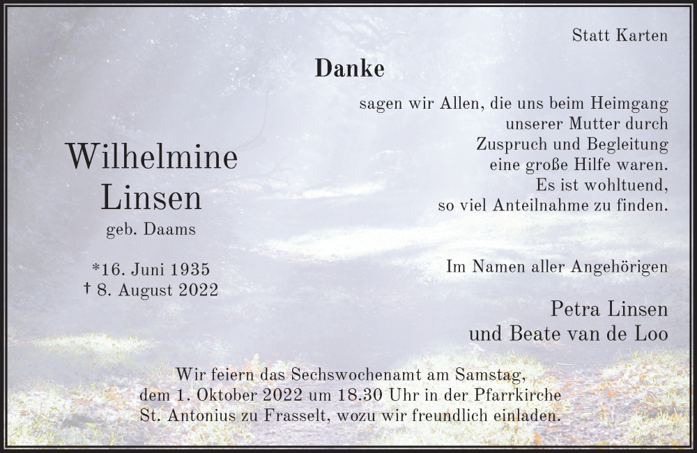  Traueranzeige für Wilhelmine Linsen vom 24.09.2022 aus Rheinische Post