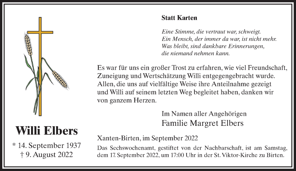  Traueranzeige für Willi Elbers vom 09.09.2022 aus Rheinische Post