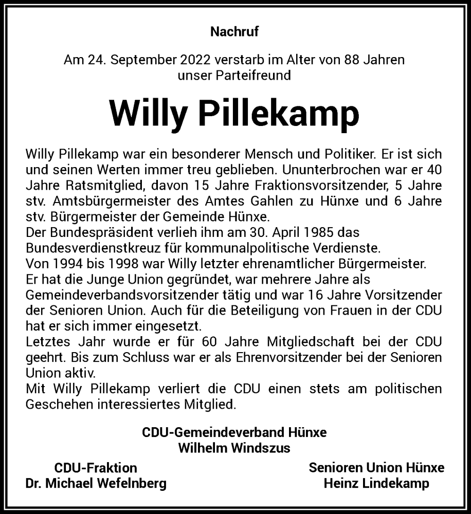  Traueranzeige für Willy Pillekamp vom 28.09.2022 aus Rheinische Post