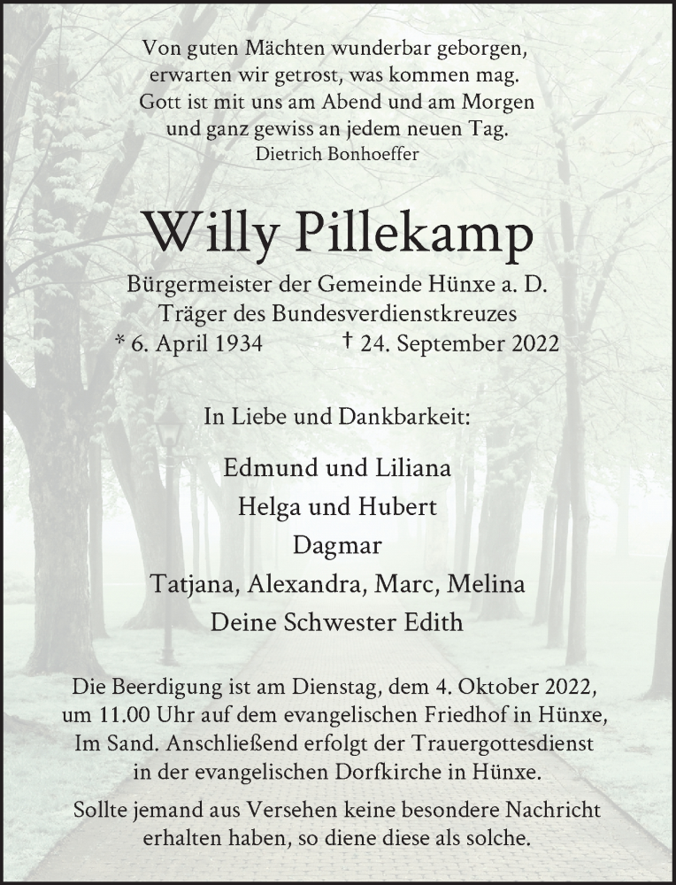  Traueranzeige für Willy Pillekamp vom 28.09.2022 aus Rheinische Post