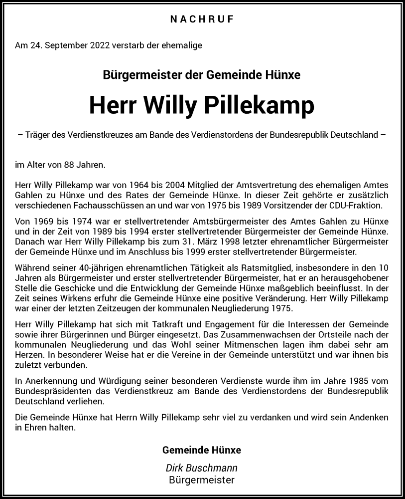  Traueranzeige für Willy Pillekamp vom 29.09.2022 aus Rheinische Post
