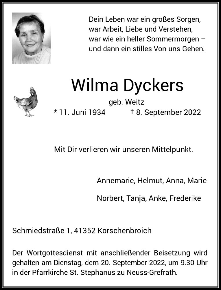  Traueranzeige für Wilma Dyckers vom 17.09.2022 aus Rheinische Post