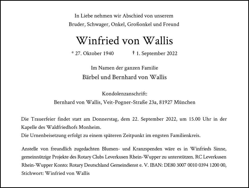  Traueranzeige für Winfried von Wallis vom 10.09.2022 aus Rheinische Post