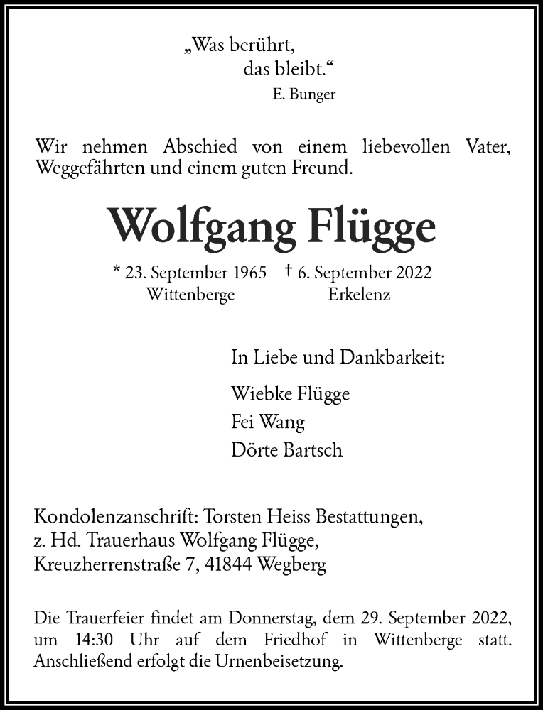  Traueranzeige für Wolfgang Flügge vom 24.09.2022 aus Rheinische Post