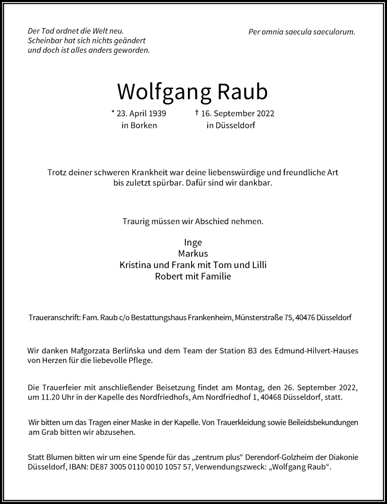  Traueranzeige für Wolfgang Raub vom 24.09.2022 aus Rheinische Post