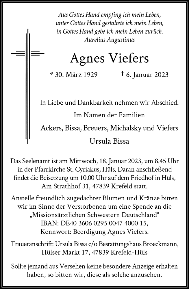  Traueranzeige für Agnes Viefers vom 14.01.2023 aus Rheinische Post