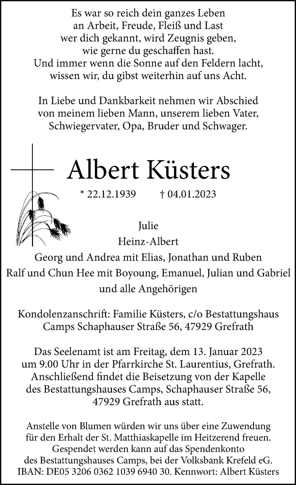  Traueranzeige für Albert Küsters vom 07.01.2023 aus Rheinische Post
