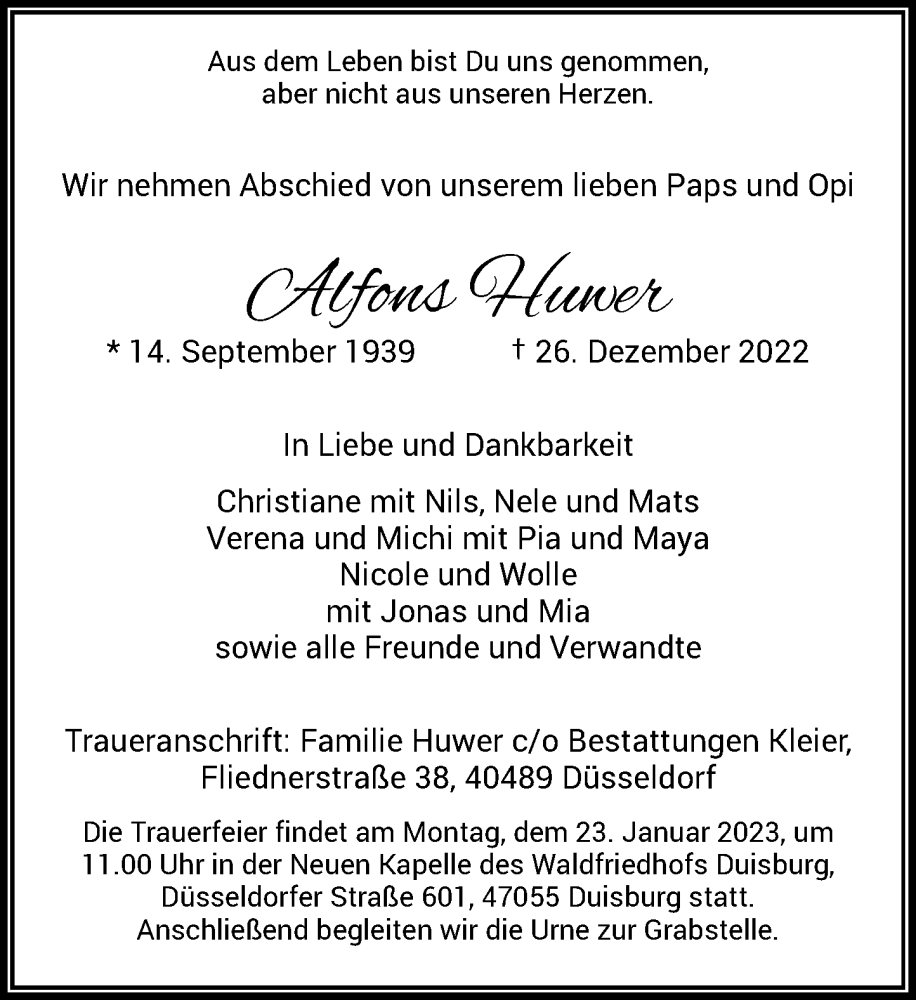  Traueranzeige für Alfons Huwer vom 07.01.2023 aus Rheinische Post