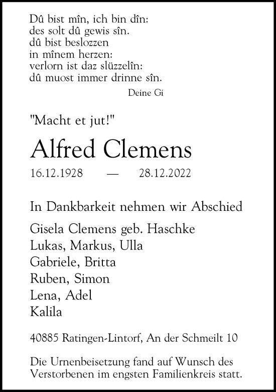 Traueranzeige von Alfred Clemens von Rheinische Post