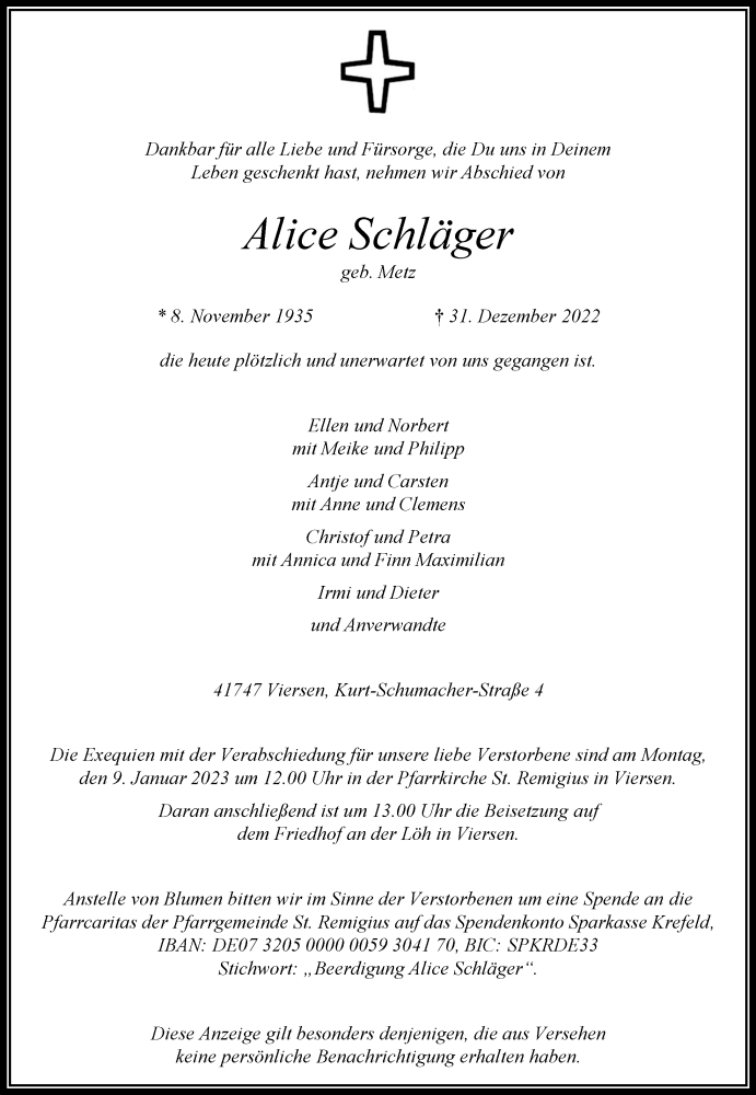 Traueranzeige für Alice Schläger vom 05.01.2023 aus Rheinische Post