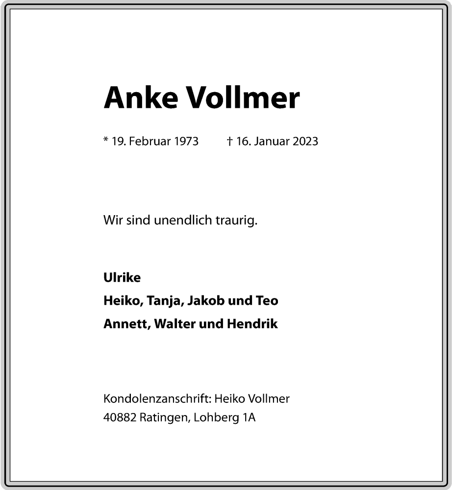  Traueranzeige für Anke Vollmer vom 28.01.2023 aus Rheinische Post