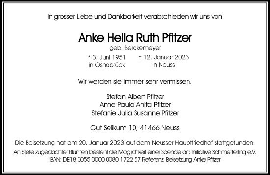 Traueranzeige von Anke Hella Ruth Pfitzer von Rheinische Post