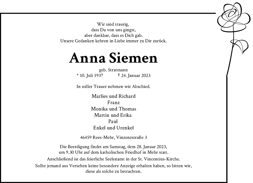  Traueranzeige für Anna Siemen vom 26.01.2023 aus Rheinische Post