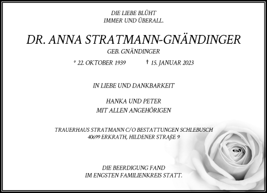 Traueranzeige von Anna Stratmann-Gnändinger von Rheinische Post