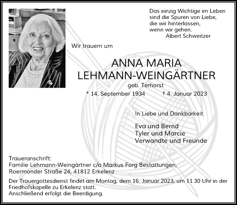  Traueranzeige für Anna Maria Lehmann-Weingärtner vom 11.01.2023 aus Rheinische Post