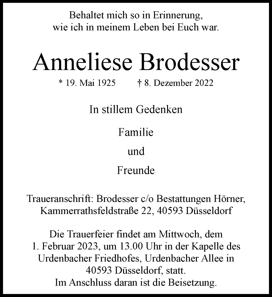  Traueranzeige für Anneliese Brodesser vom 28.01.2023 aus Rheinische Post