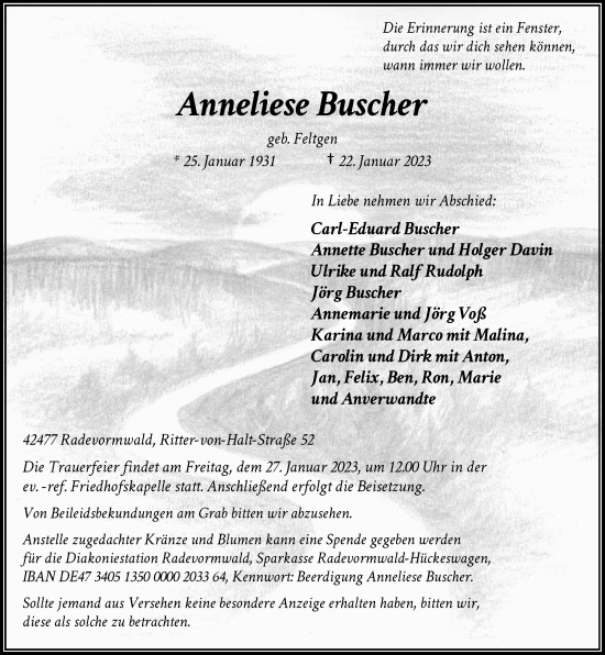 Traueranzeige von Anneliese Buscher von Rheinische Post