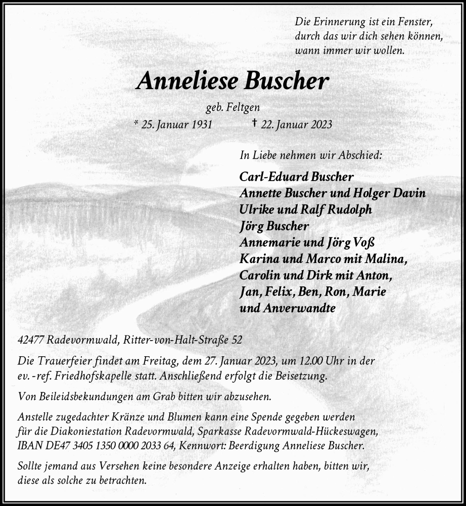 Traueranzeige für Anneliese Buscher vom 25.01.2023 aus Rheinische Post