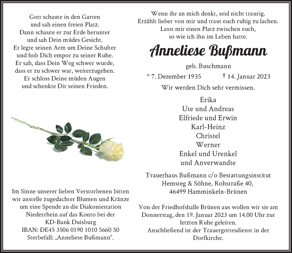  Traueranzeige für Anneliese Bußmann vom 17.01.2023 aus Rheinische Post