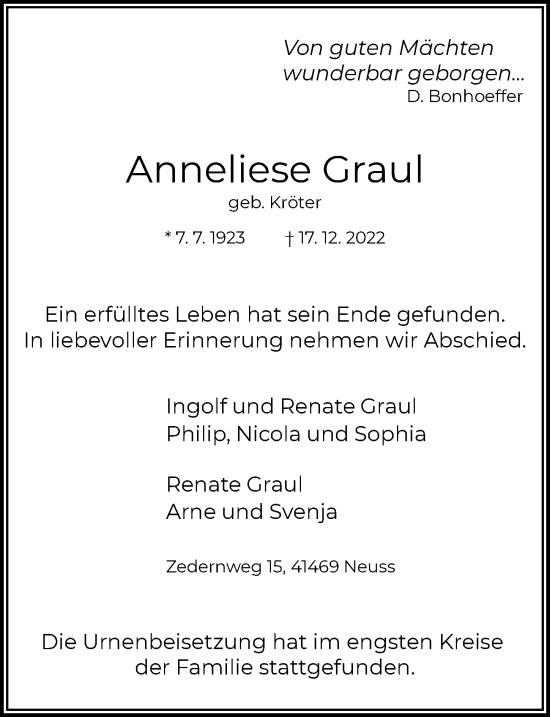 Traueranzeige von Anneliese Graul von Rheinische Post