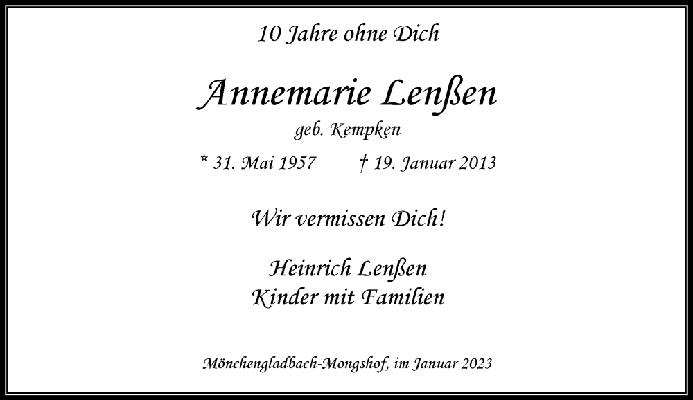 Traueranzeige für Annemarie Lenßen vom 21.01.2023 aus Rheinische Post