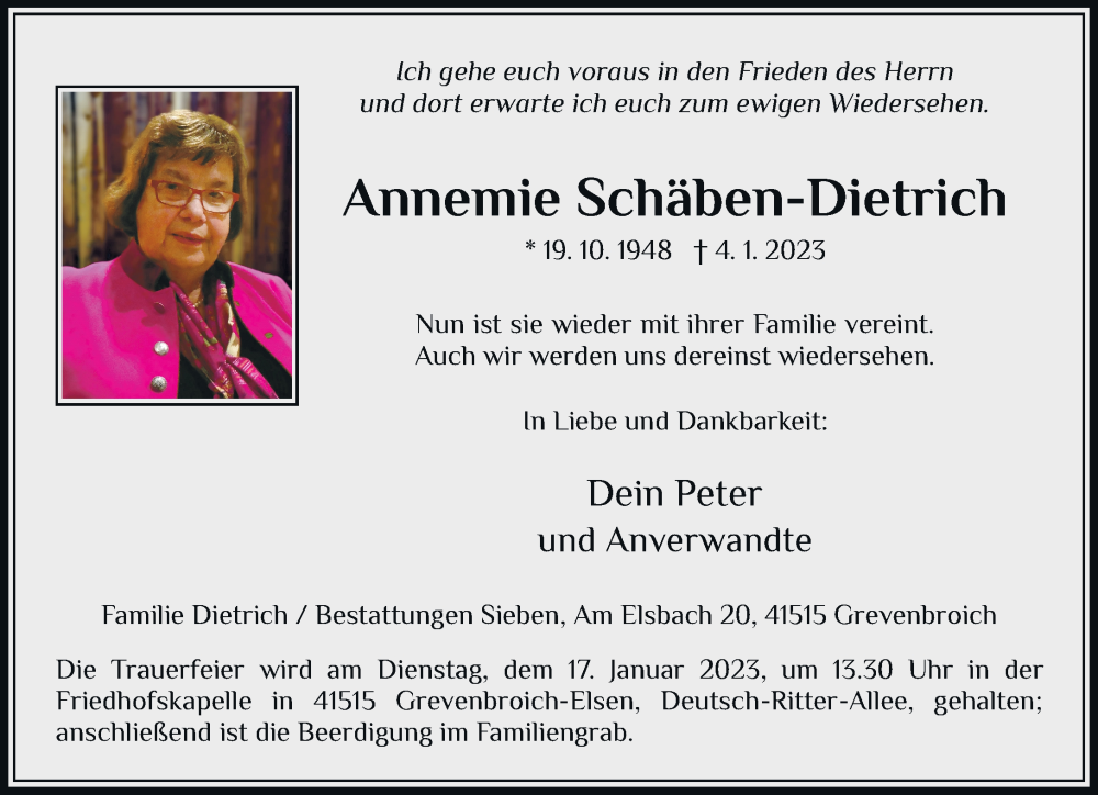  Traueranzeige für Annemie Schaben-Dietrich vom 14.01.2023 aus Rheinische Post