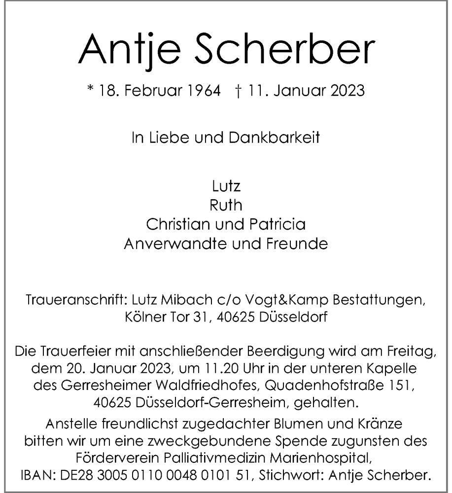  Traueranzeige für Antje Scherber vom 14.01.2023 aus Rheinische Post