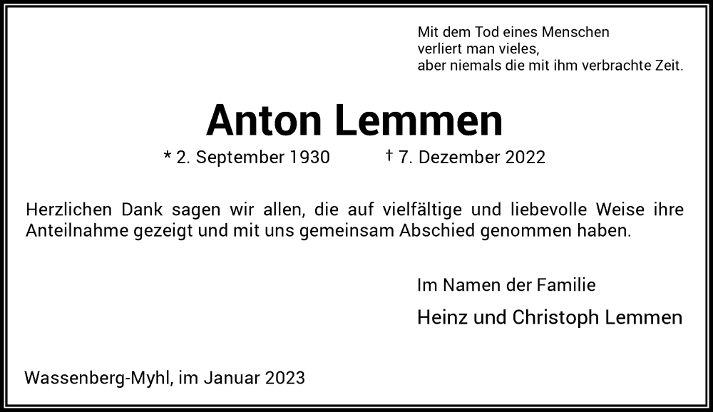  Traueranzeige für Anton Lemmen vom 07.01.2023 aus Rheinische Post