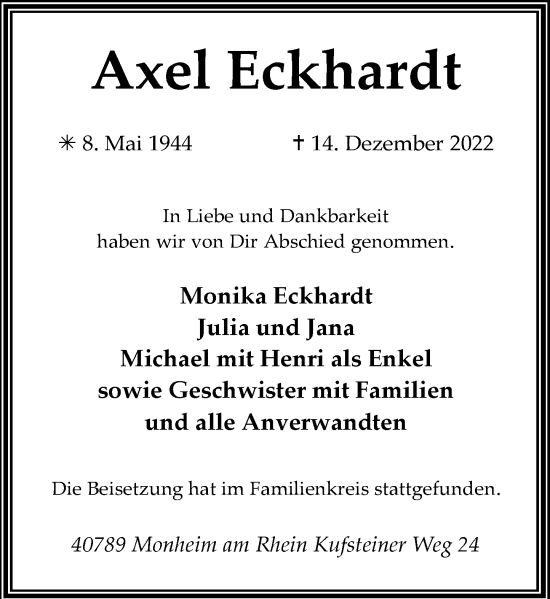 Traueranzeige von Axel Eckhardt von Rheinische Post