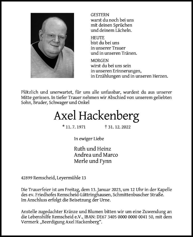  Traueranzeige für Axel Hackenberg vom 07.01.2023 aus Rheinische Post