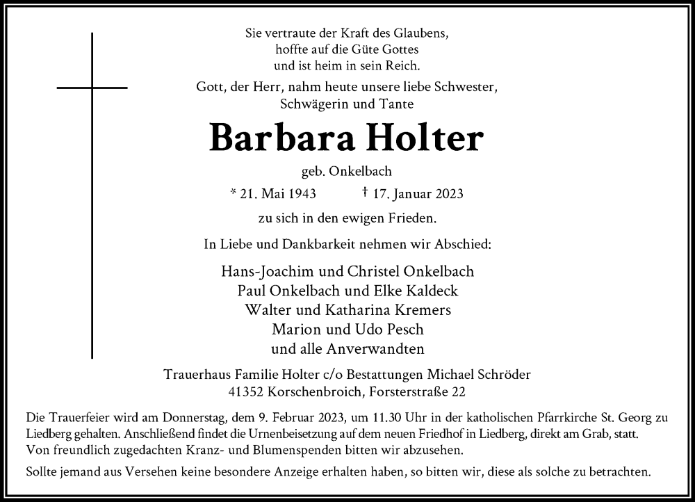  Traueranzeige für Barbara Holter vom 28.01.2023 aus Rheinische Post