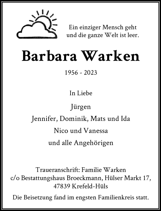 Traueranzeige von Barbara Warken von Rheinische Post