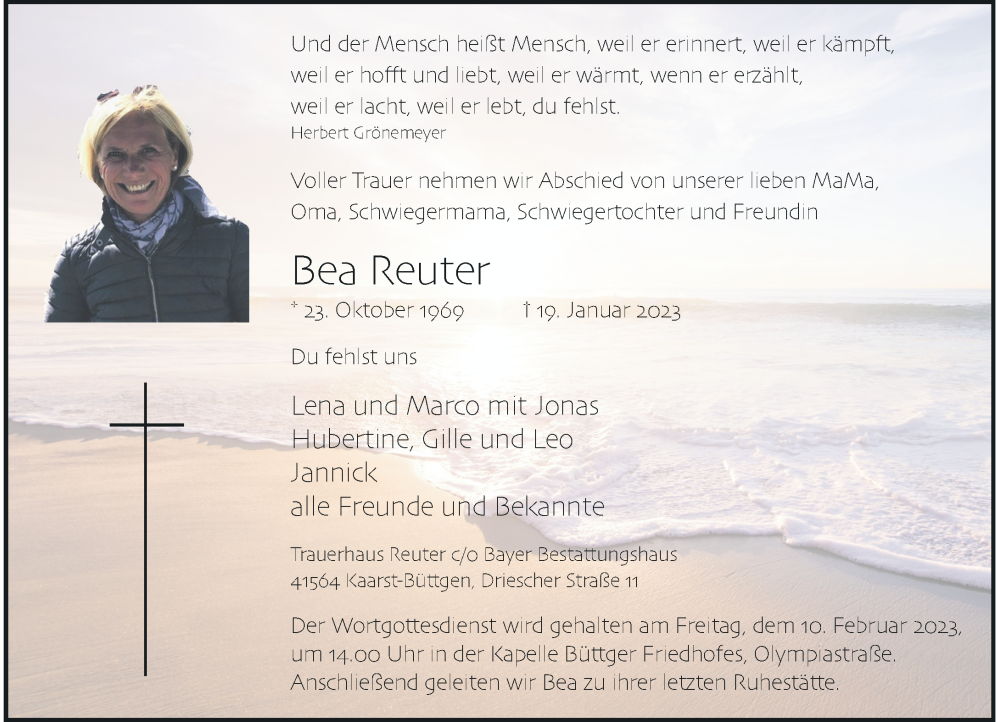  Traueranzeige für Bea Reuter vom 28.01.2023 aus Rheinische Post