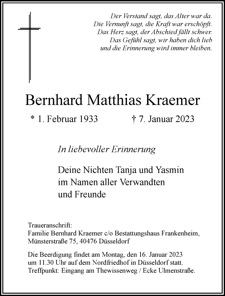 Traueranzeige für Bernhard Matthias Kraemer vom 14.01.2023 aus Rheinische Post