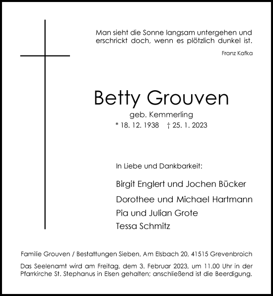 Traueranzeige von Betty Grouven von Rheinische Post