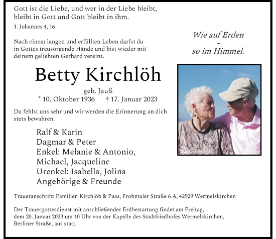Traueranzeige von Betty Kirchlöh von Rheinische Post