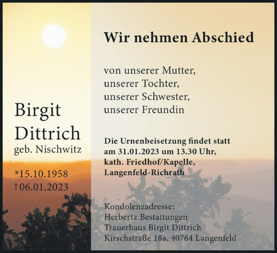 Traueranzeige von Birgit Dittrich von Rheinische Post