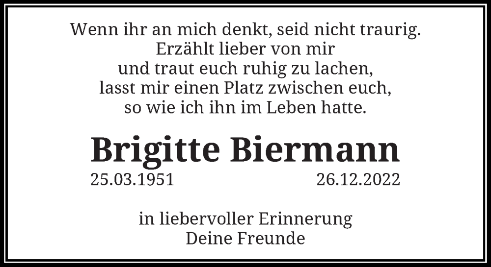  Traueranzeige für Brigitte Biermann vom 21.01.2023 aus Rheinische Post