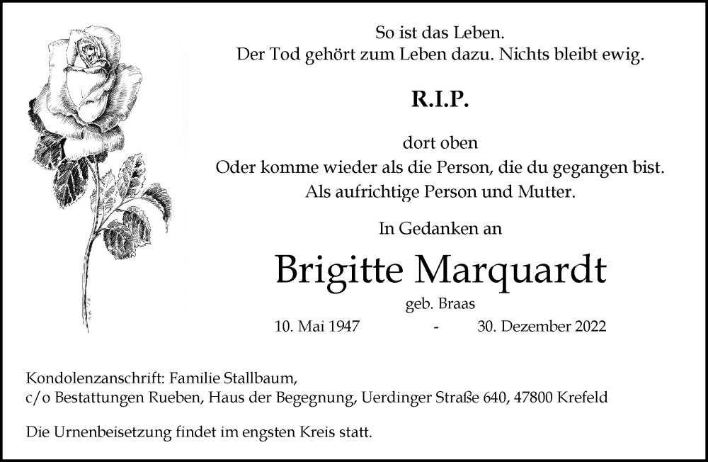  Traueranzeige für Brigitte Marquardt vom 07.01.2023 aus Rheinische Post