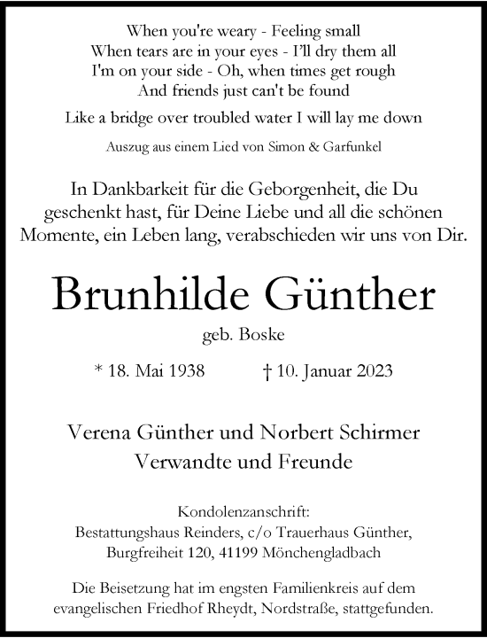 Traueranzeige von Brunhilde Günther von Rheinische Post