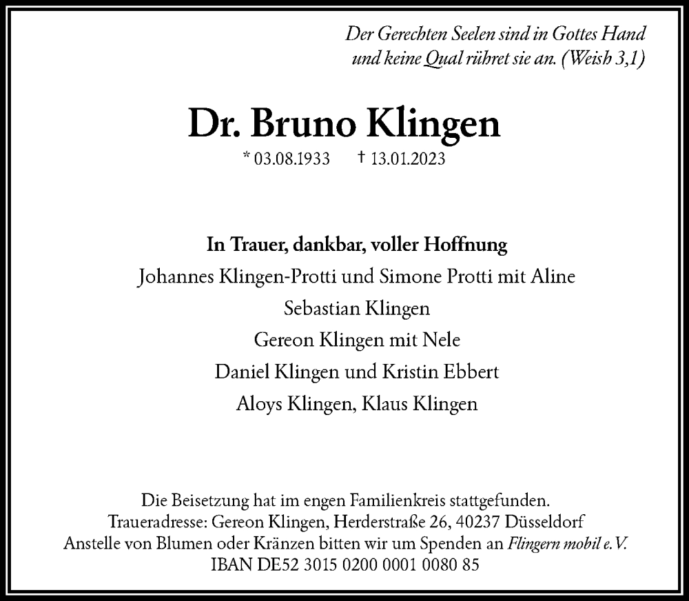  Traueranzeige für Bruno Klingen vom 26.01.2023 aus Rheinische Post